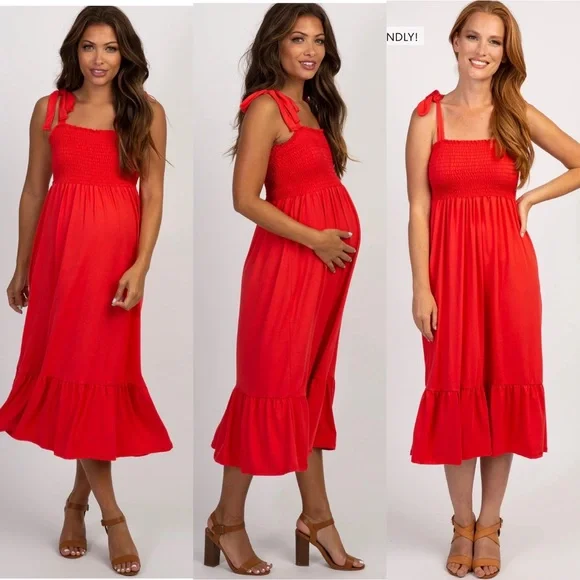 PinkBlush Red Midi/Maxi Dress with Tie Straps - Maternity, Postpartum - Picture 3 of 4